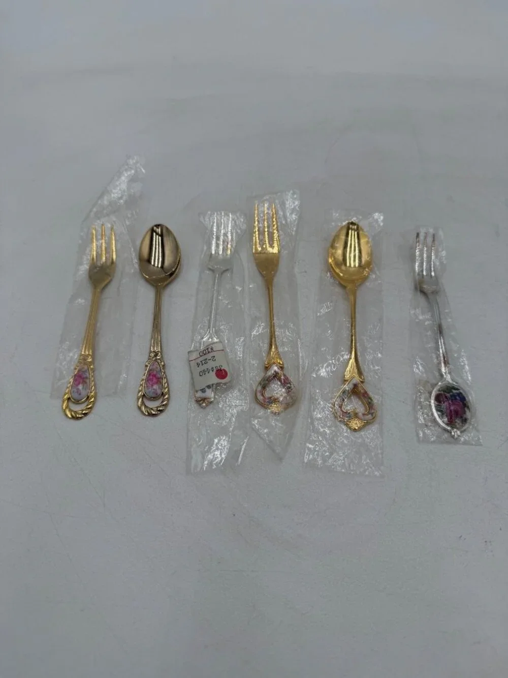 Vintage Gold Silver Mini Forks Spoons Floral Porcelain Handles Set 6